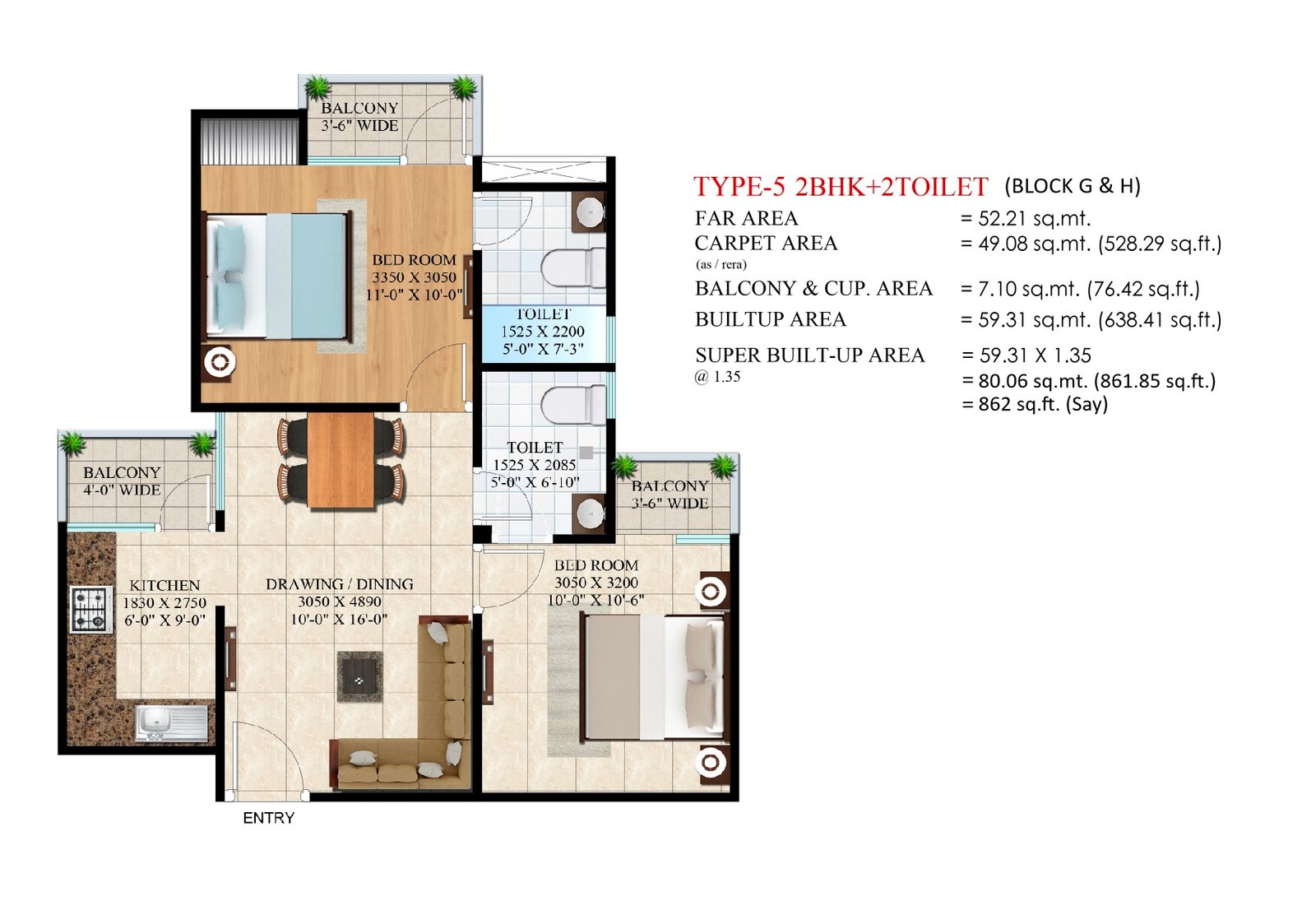Floor plan — 2 BHK 2T · 862.00 Sq Ft