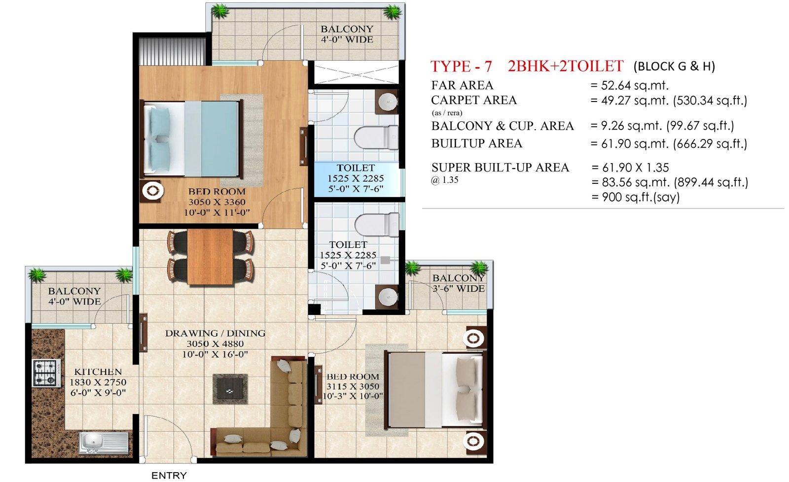 Floor plan — 2 BHK 2T · 900.00 Sq Ft
